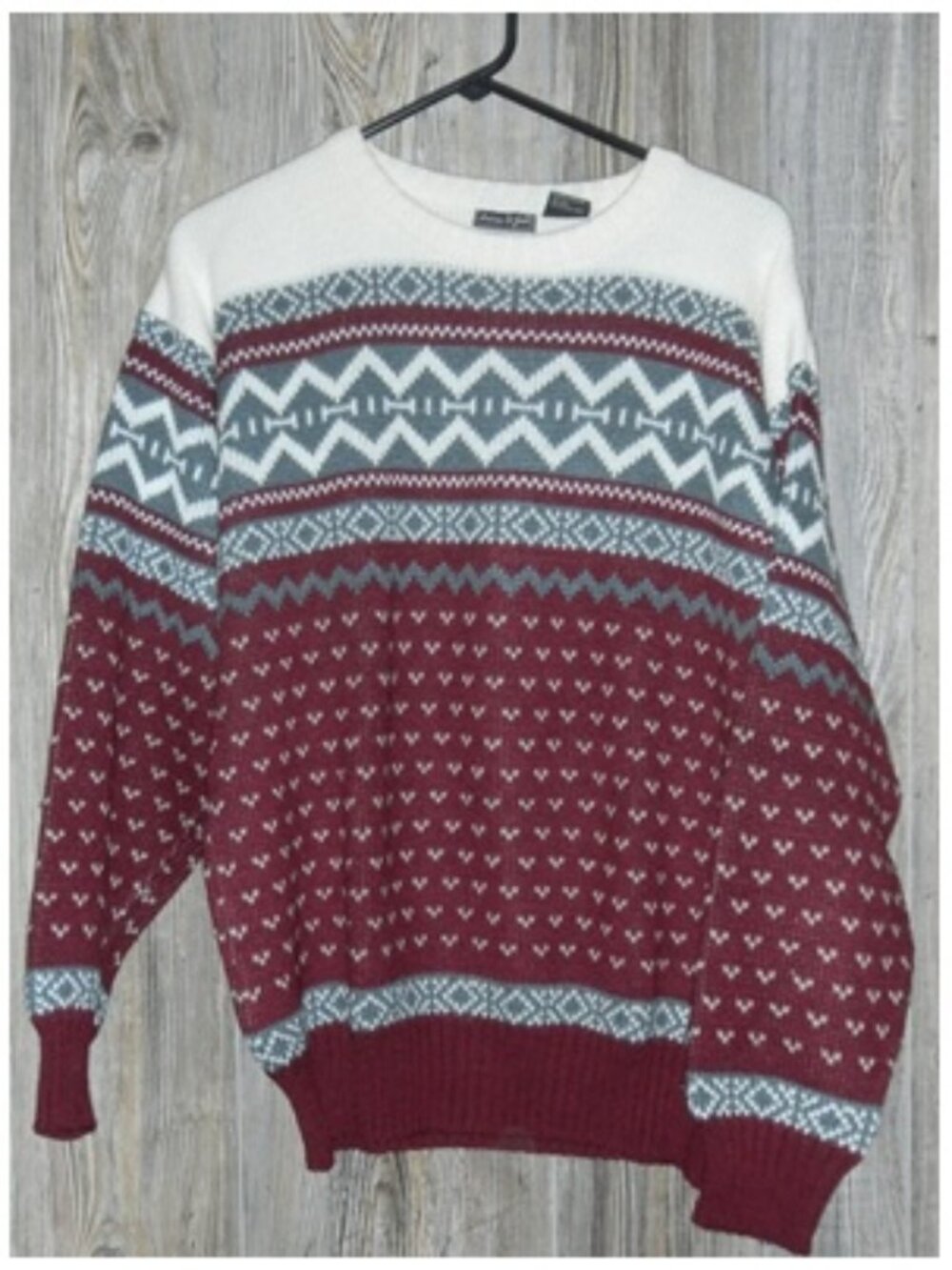 Vtg Andrew St. John Nordic Ski Fair Isle Sweater Ivory Wine Gray Mens Sz Large